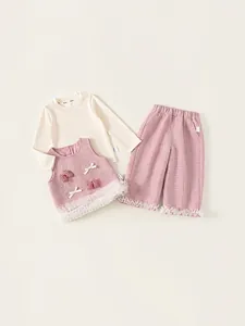 Pink tweed 3-piece set for toddler girls with vest, rib-knit top, and lace-trim pants