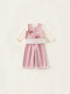 Girl's 3-piece pink tweed vest suit with lace trim and bow details for autumn wear