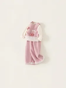Pink tweed girls' 3-piece set with vest, mesh pants, and lace trim in Korean style