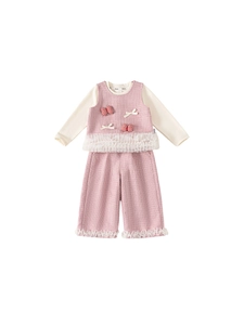 Three-piece girls' pink tweed vest suit with beige long sleeve shirt and mesh pants