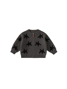 Dark grey knitted toddler cardigan with black star patterns and zipper closure