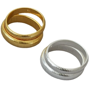 Fashionable gold and silver plated brass elastic bangles with textured screw thread design