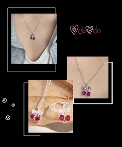 Vue détaillée du parure collier et bague cerise en argent S925 avec rubis roses