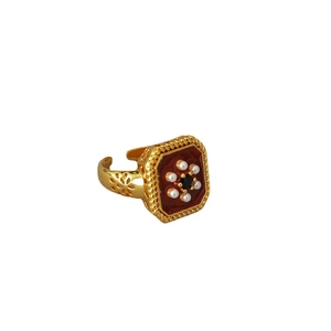 Retro square red enamel ring with white pearl flower cluster in a vintage gold finish