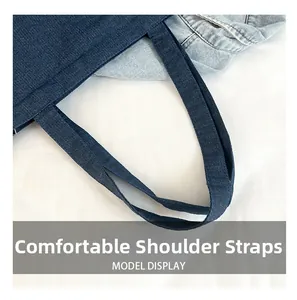 Close-up of durable denim tote bag straps with reinforced stitching and twill texture