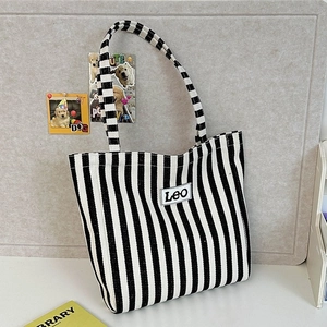 Classic large capacity black and white striped canvas tote bag with Leo patch embroidery