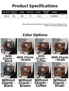 Detailed size chart and four color options for the vintage plaid wool handbag collection