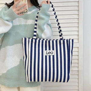 Striped Canvas Tote Bag Large Capacity Handbag Casual Shoulder Bag Zipper Closure For Shopping Travel Women Handbag