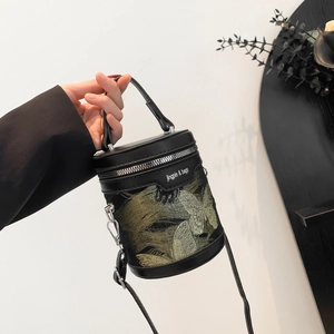 Women Mini Cylinder Bucket Bag Neo-Chinese Style Embroidery Butterfly PU Leather Shoulder Crossbody Handbag Fashion Small Bag