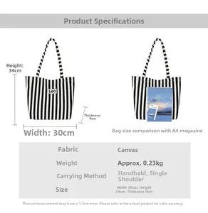 Detailed size specifications for striped canvas tote bag with 30x34cm dimensions and Leo label