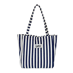 Classic navy and white striped canvas tote bag with Leo logo and reinforced handles