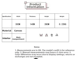 Size chart showing canvas tote bag dimensions 30x14x28cm and 0.22kg product weight