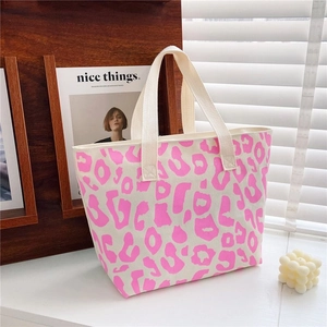 Pink leopard print canvas tote bag with large capacity for women's daily casual use