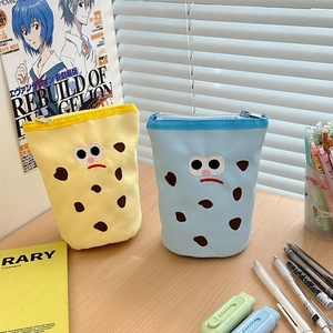Cute embroidered cartoon canvas pencil cases in yellow and blue with large capacity