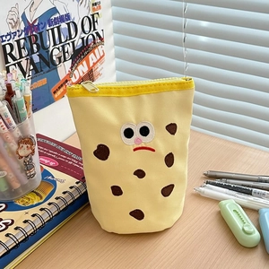 Cute cartoon biscuit canvas pencil case with yellow embroidery and large capacity