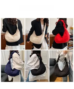 Collage of quilted dumpling bags showing ruffled shoulder straps in various colors