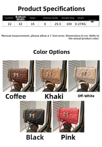 Size chart for quilted PU leather crossbody bag with bow detail and chain strap