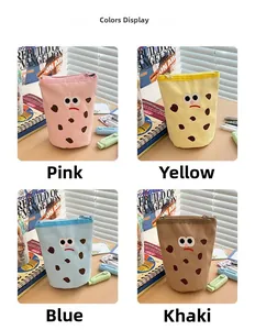 Collage of cute embroidered canvas biscuit pencil pouches in pink, yellow, blue, and khaki