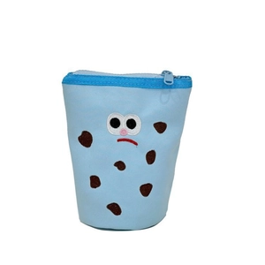 Cute light blue canvas storage bag with cartoon embroidery and brown polka dots