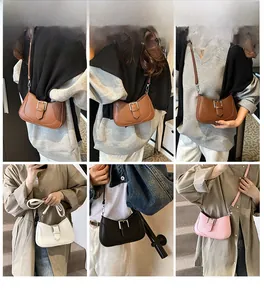 Detailed look at the half-moon crossbody bag in brown, white, black, and pink colors