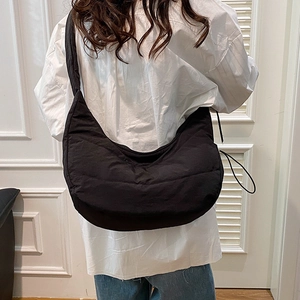 Women Oxford Cloth Quilted Hobo Shoulder Bag Large Capacity Cloud Bag With Ruffled Strap Drawstring Casual Tote Handbag