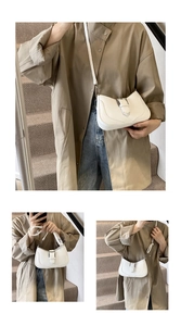 Detailed views of the white textured crescent bag showing crossbody and handheld styles