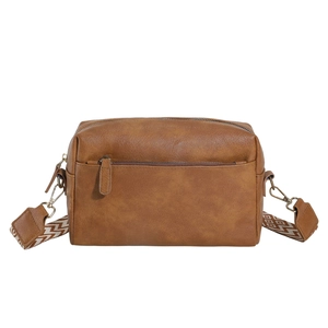 Retro brown crossbody bag with textured faux leather and geometric wide woven strap