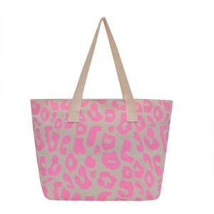 Pink leopard print canvas tote bag with shoulder straps and large capacity bucket design