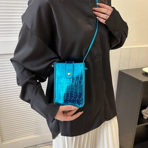 Metallic blue crocodile pattern phone bag with golden buckle and adjustable shoulder strap