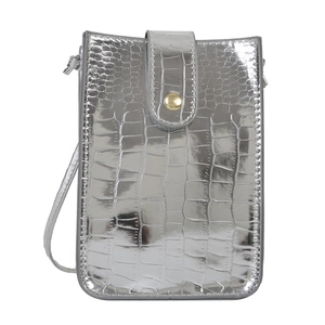Silver vertical phone bag with crocodile embossed patent leather and gold buckle