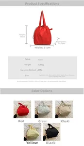 Detailed size specifications and color options for the lightweight nylon bucket bag