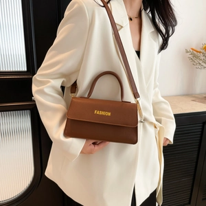 Vintage dark brown faux leather square handbag with golden lettering for women