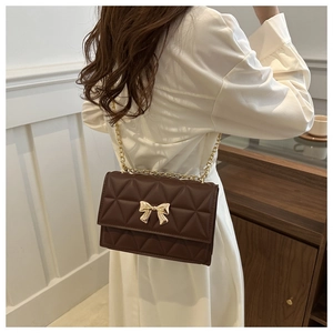 Detailed close-up of dark brown quilted crossbody bag featuring a golden bow buckle