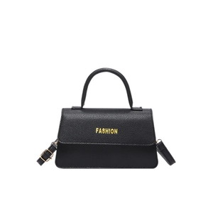 Classic black litchi texture handbag with gold 'Fashion' logo and adjustable strap