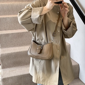 Retro khaki lychee pattern leather crescent bag with adjustable shoulder strap for women