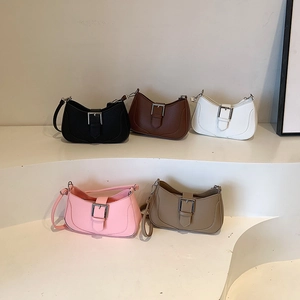 Retro crescent shoulder bag in five colors with silver buckle and pebbled leather finish