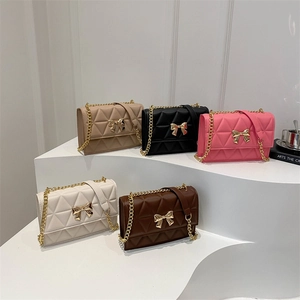Women Quilted Diamond Shoulder Bag Luxury PU Leather Small Square Bag With Bow Chain Strap Commuting Crossbody Handbag
