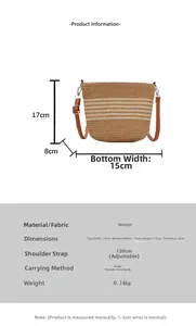 Detailed size chart of a striped woven bucket bag with beige and brown leather straps