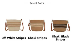 Detailed comparison of three woven crossbody bucket bags in various striped color patterns