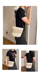 Three-angle view of a beige woven bucket bag with brown stripes and leather strap