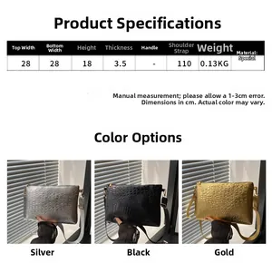 Detailed size chart and three color options for the textured crossbody envelope clutch bag