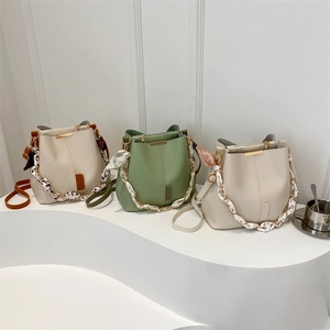 Straw Woven Bucket Bag For Women Fashion Chain Shoulder Bag With Scarf Decoration Minimalist Urban Style Crossbody Handbag
