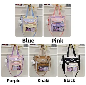 Detail view of the nylon tote bag colors including blue, pink, purple, and black variants