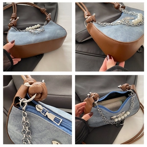 Detailed views of vintage denim moon bag with pearl chain and brown leather stitching