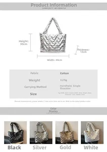 Detailed size chart and dimensions for the large capacity quilted tote bag