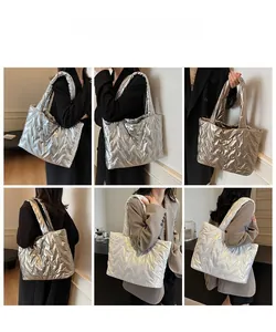 Collage of model showcasing silver and beige quilted tote bags from multiple angles