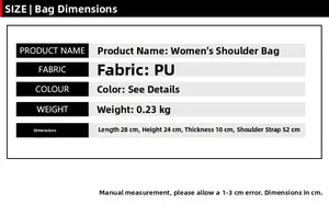 Size chart showing 28x24x10cm dimensions and 0.23kg weight for PU leather shoulder bag