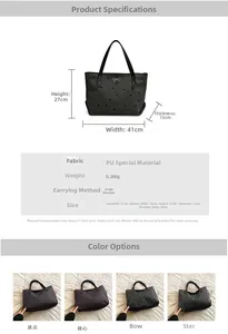 Gráfico detallado de dimensiones para bolso tote con estampado de estrellas y medidas