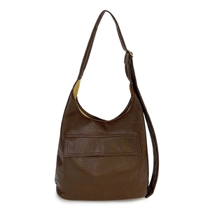 Minimalist large dark brown PU leather tote bag for women with adjustable strap and front pocket
