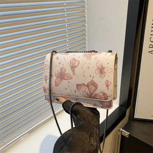 Sac Bandoulière Chaîne Femme Imprimé Papillon Vintage Cuir PU Petit Sac à Épaule Carré Mode Quotidienne Chic pour Femmes